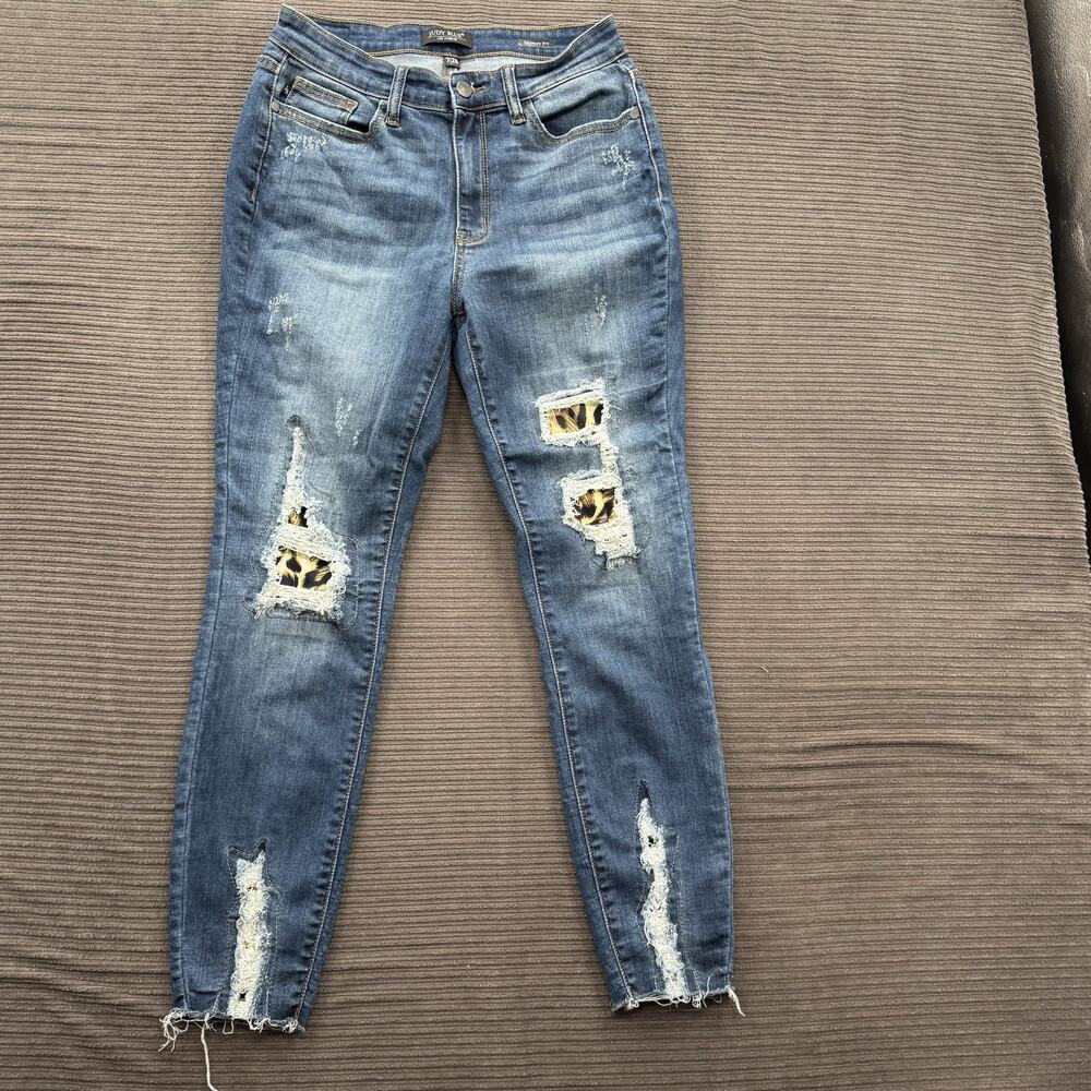Judy Blue Jeans Women 7/28 Blue Cotton Mid Rise Distressed Skinny Fit Casual.